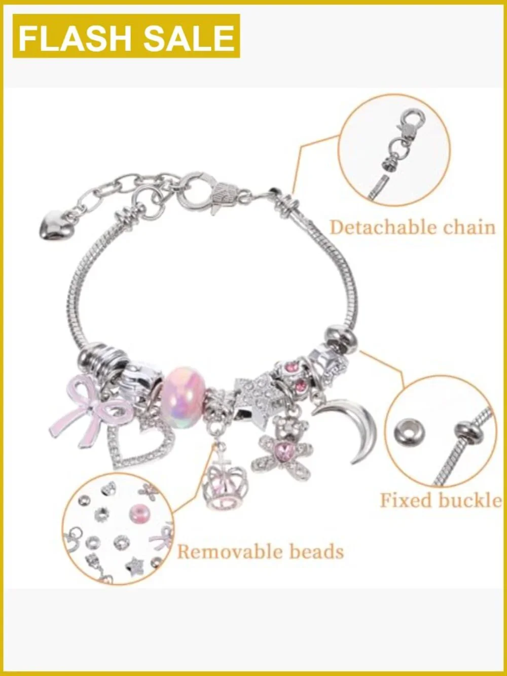 Adjustable Charm Bracelet with Heart Moon Bear Pendant